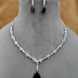 American Diamond Drop Pendant Black Necklace Set