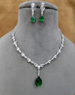 American Diamond Drop Pendant Green Necklace Set