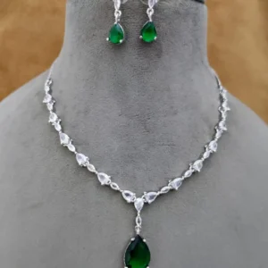 American Diamond Drop Pendant Green Necklace Set