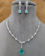 American Diamond Drop Pendant Mint Green Necklace Set