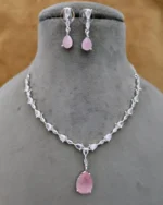 American Diamond Drop Pendant Mint Pink Necklace Set