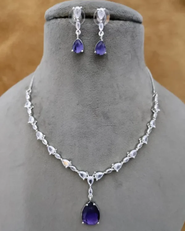 American Diamond Drop Pendant Purple Necklace Set