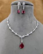 American Diamond Drop Pendant Red Necklace Set