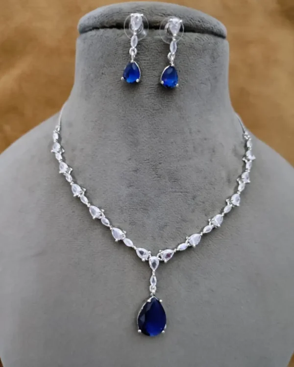 American Diamond Drop Pendant Royal Blue Necklace Set