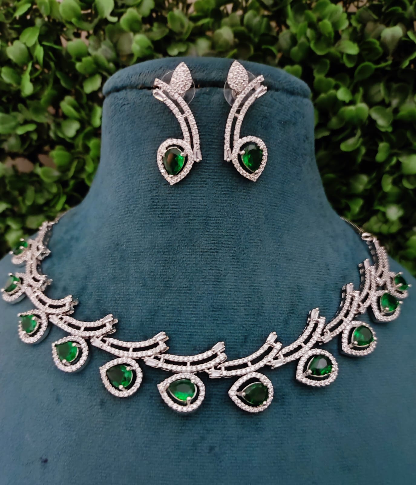 American Diamond Green Necklace Set