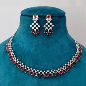 American Diamond Red Studded Necklace & Earrings Set